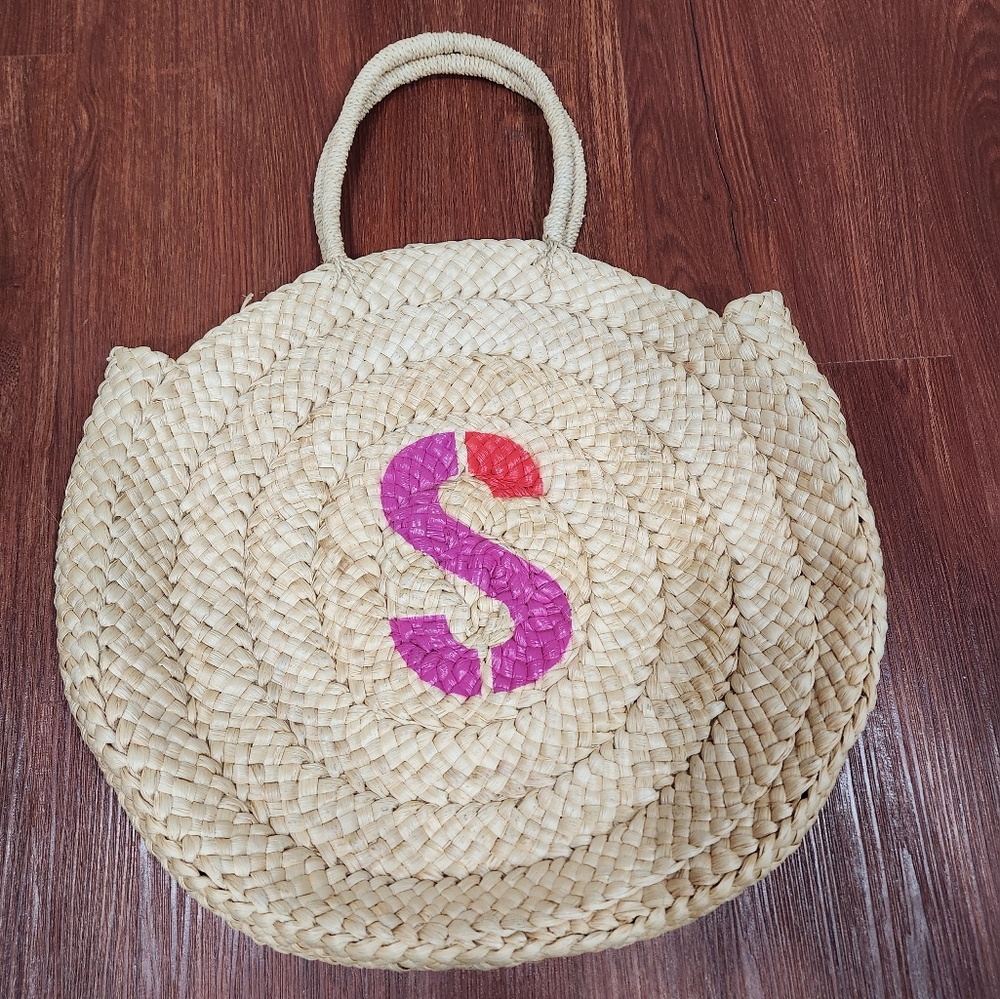 Anthropologie Maud Fourier Paris "S" Straw Tote Bag Monogram